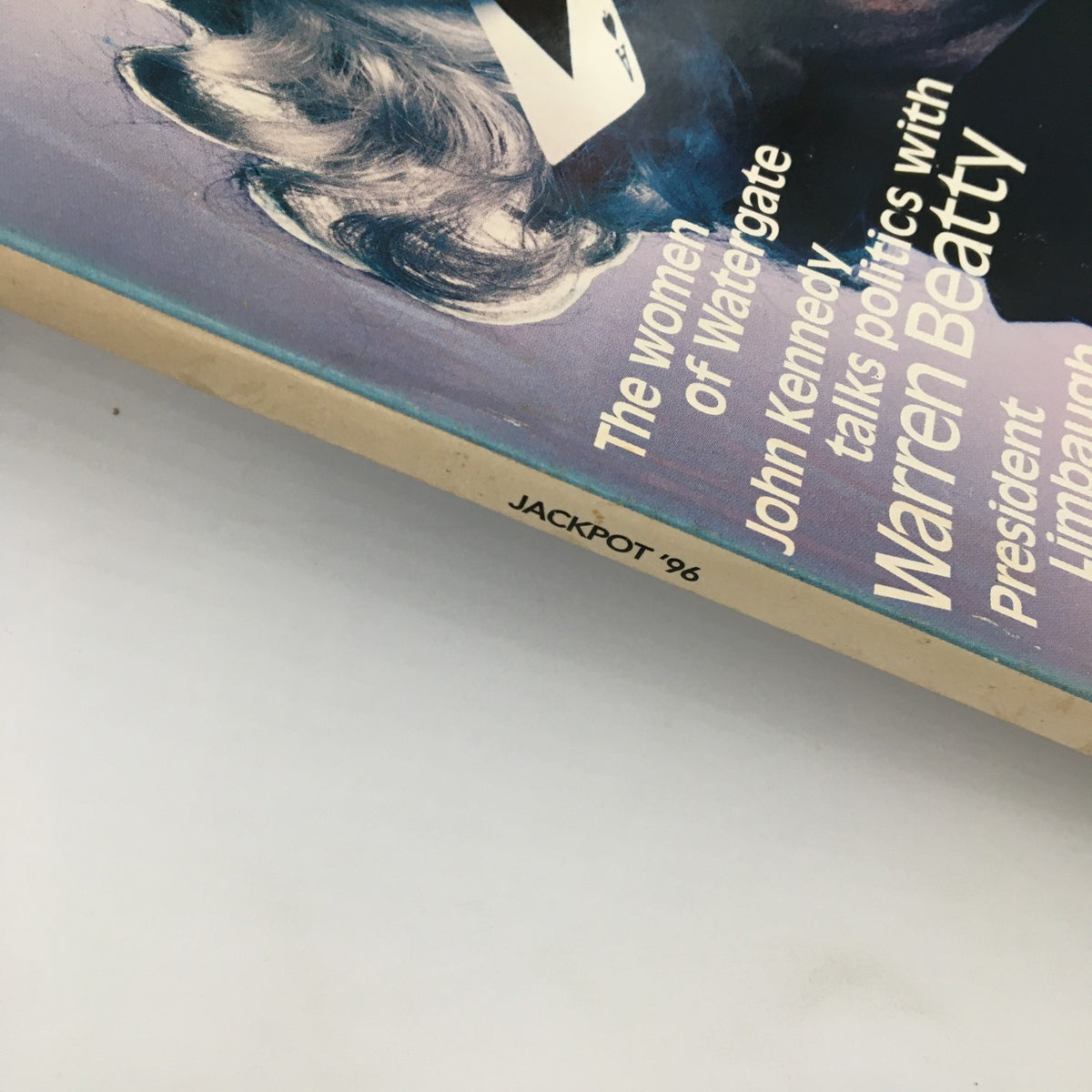 Detail shot of the spine of the 1996 George Magazine, displaying the title 'JACKPOT 96' alongside the visual design.