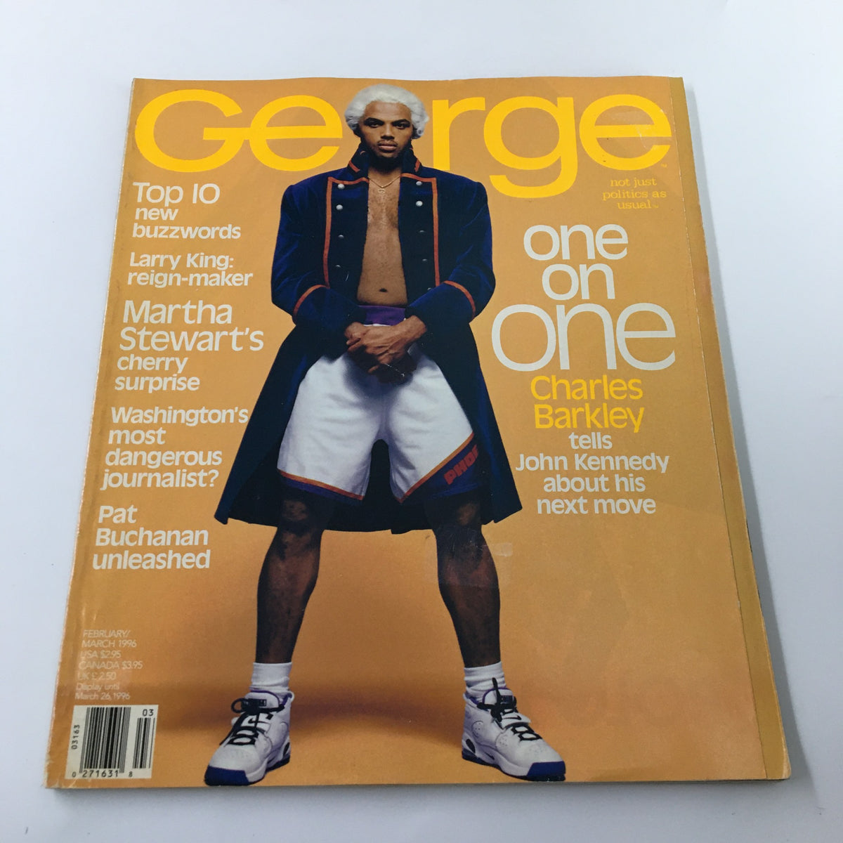 George Magazine February 1996 cover featuring basketball star Charles Barkley in a unique outfit discussing his next movie.