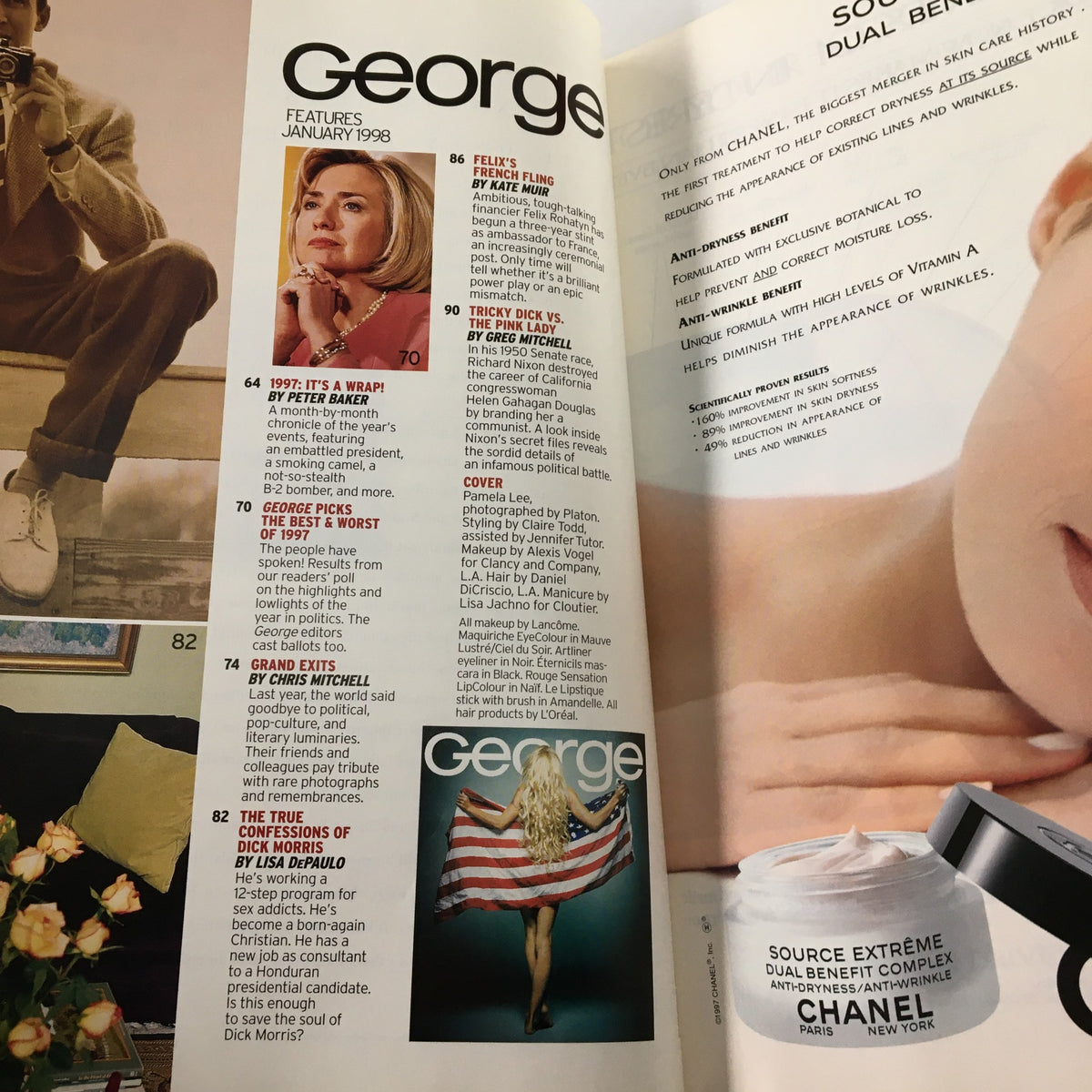 Inside page of George Magazine January 1998, highlighting features including the cover story about Pamela Lee and other articles.
