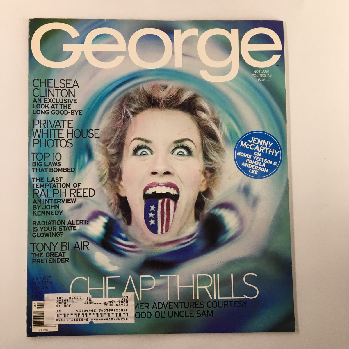 Cover image of George Magazine July 1997 featuring Chelsea Clinton, Jenny McCarthy, and Ralph Reed, showcasing vibrant art with a patriotic theme.
