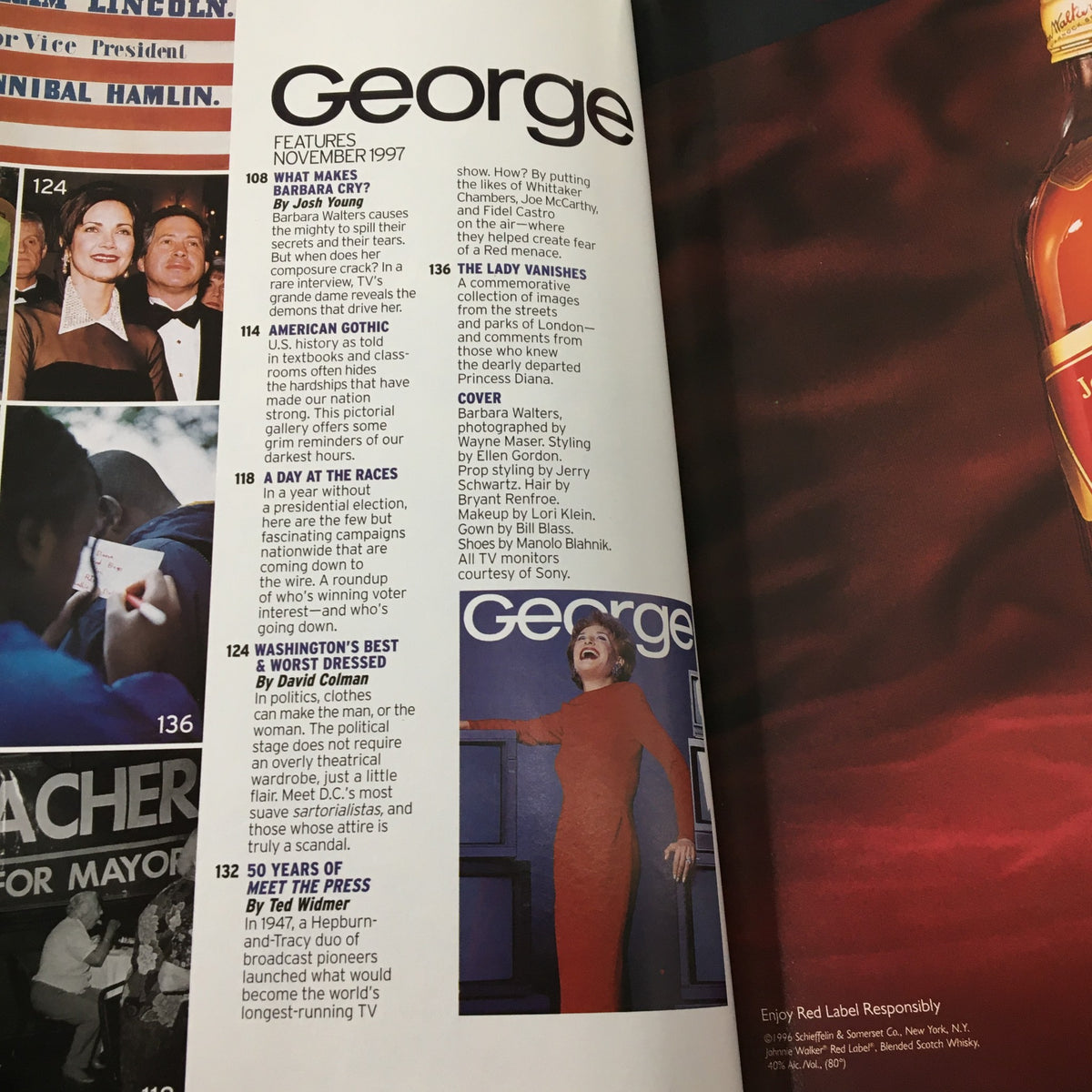 Inside page of George Magazine November 1997 displaying feature articles and a photo of Barbara Walters. The magazine offers insights into politics and celebrity culture, making it a unique collectible.