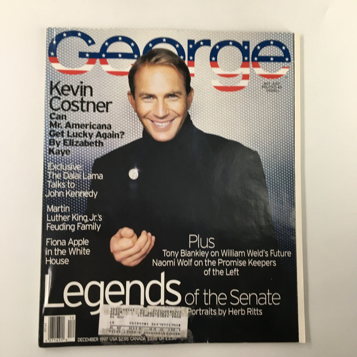 George Magazine December 1997 cover featuring Kevin Costner with the headline 'Can Mr. Americana Get Lucky Again?' A vintage collectible magazine showcasing late 90s pop culture.