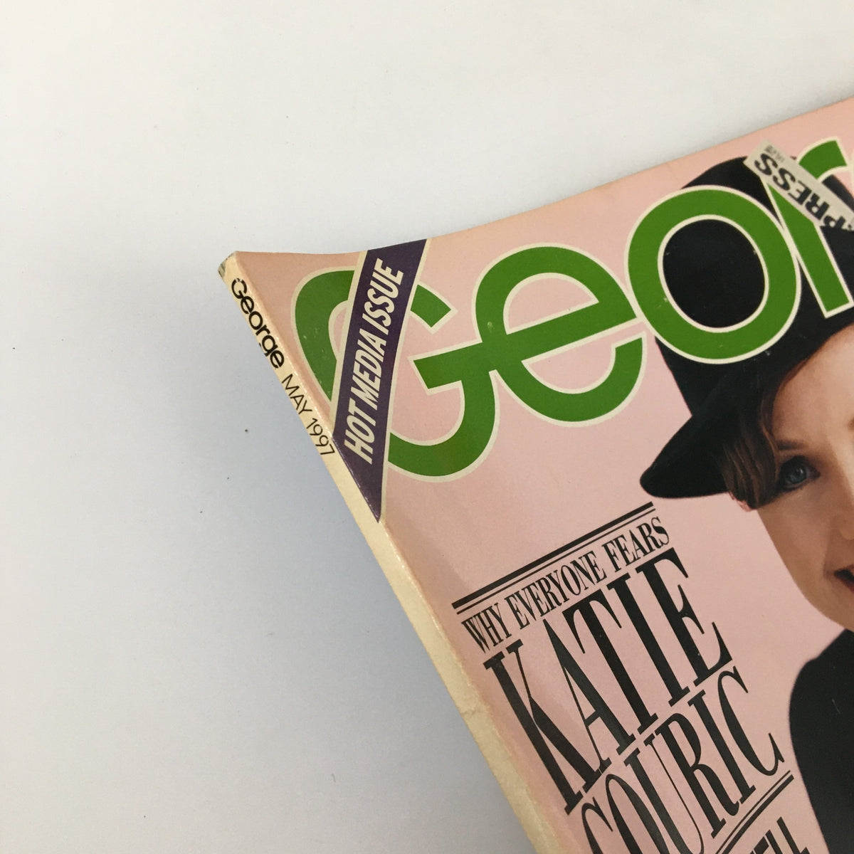 George Magazine May 1997 cover featuring Katie Couric with a headline about her and Colin Powell, highlighting the theme 'Hot Media Issue'.