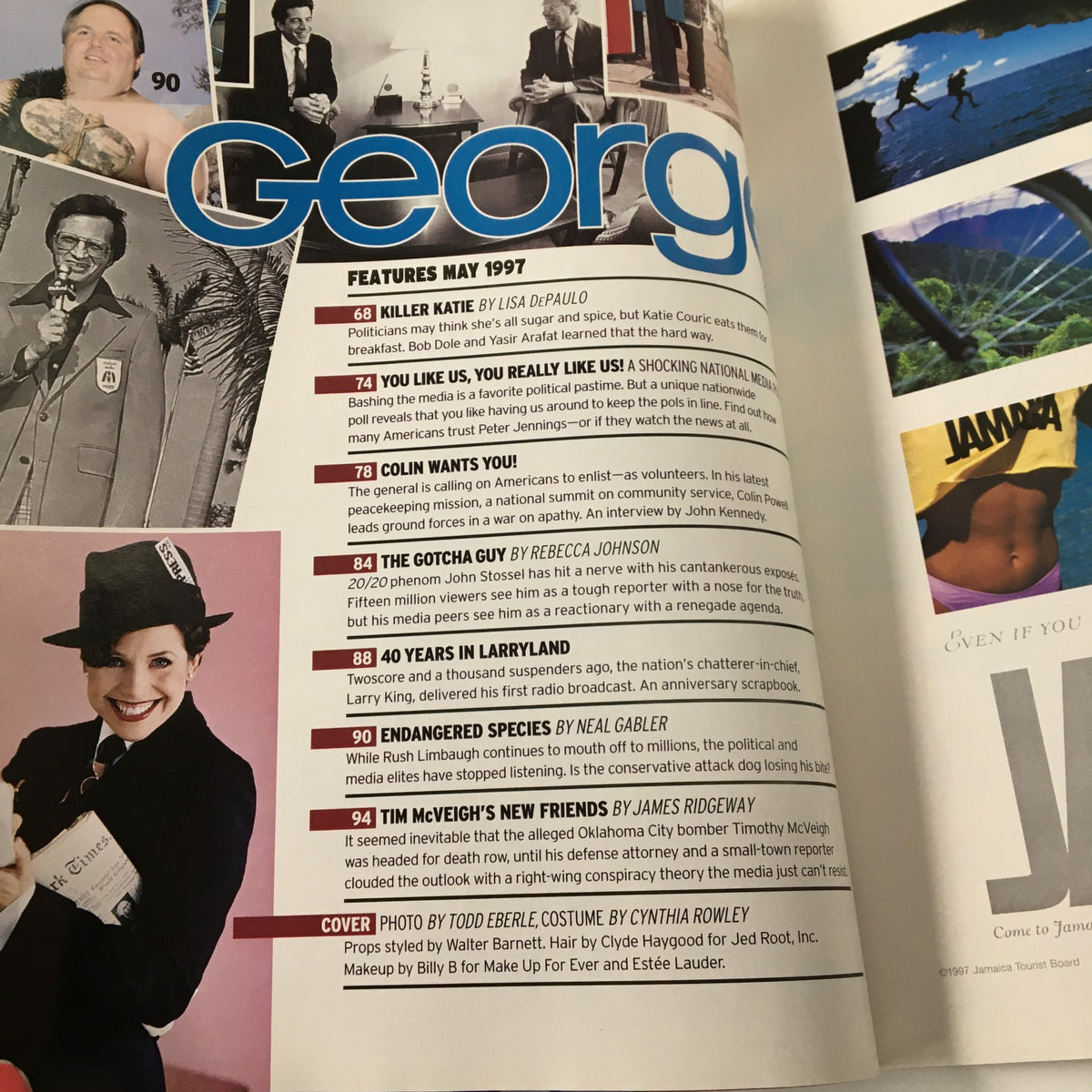 Inside page of George Magazine May 1997 showcasing feature articles, including 'Killer Katie' and '40 Years in Larryland', emphasizing its political and cultural relevance.