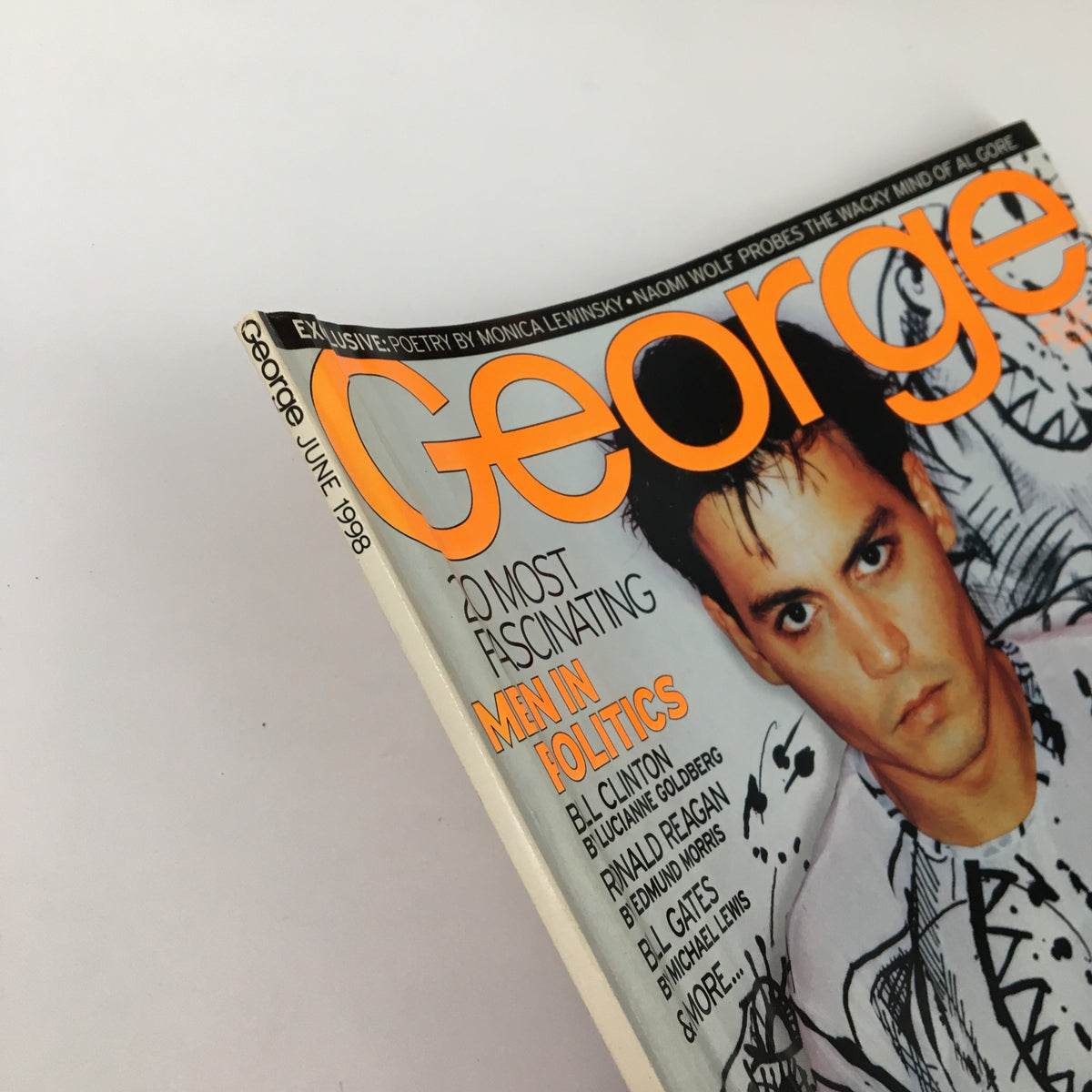 Cover of George Magazine June 1998 featuring Johnny Depp, highlighting the theme '20 Most Fascinating Men in Politics', showcasing the intersection of celebrity culture and political discourse.