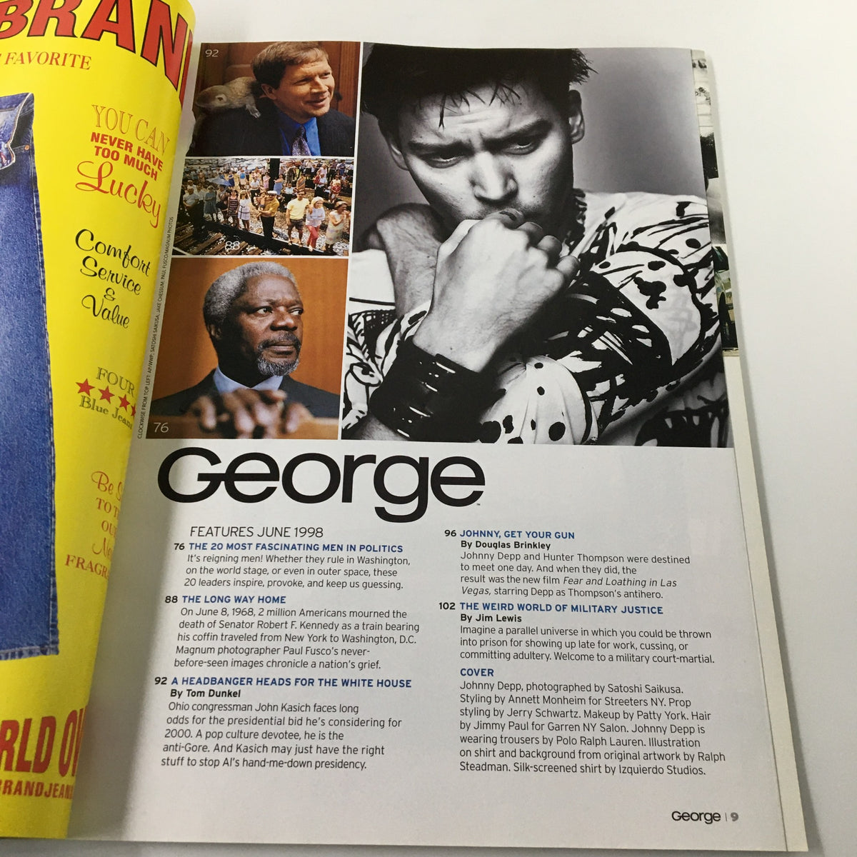 Interior page from George Magazine June 1998, featuring various prominent personalities and the article 'Johnny, Get Your Gun', reflecting the magazine's focus on political relevance and celebrity influence.