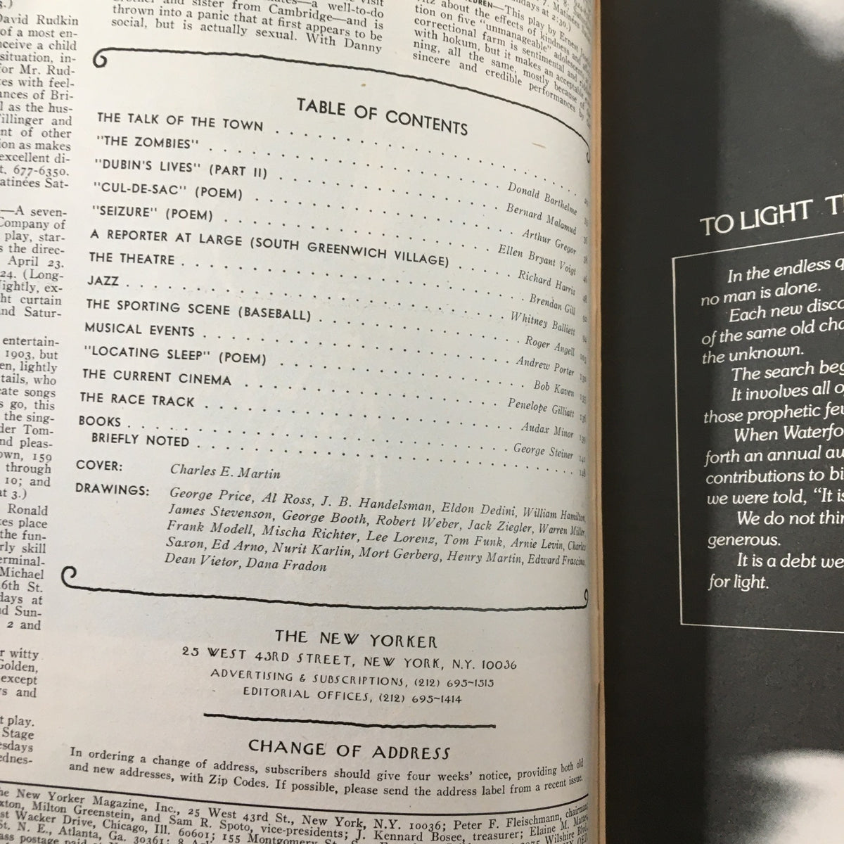 Interior page featuring the table of contents and drawings from The New Yorker Magazine April 25, 1977 River Boats by Charles E. Martin, showcasing articles and creative contributions.