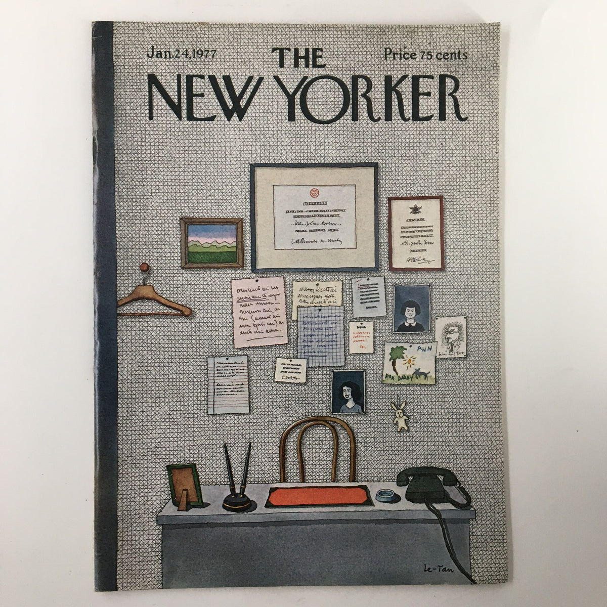 Cover of The New Yorker Magazine January 24, 1977 featuring 'Office Desk' illustration by Pierre Le-Tan, showcasing a vintage office scene with notes and art on the wall.