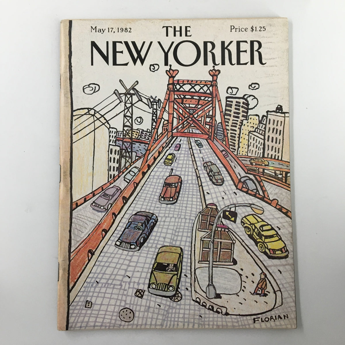 The New Yorker Magazine May 17 1982 cover featuring the artwork 'Traffic Jam' by Douglas Florian, showcasing a colorful city scene with cars on a bridge.
