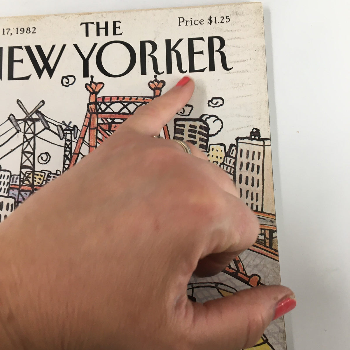 Cover of The New Yorker Magazine May 17, 1982 featuring the title with a hand pointing at it, showcasing the vintage illustration 'Traffic Jam' by Douglas Florian.