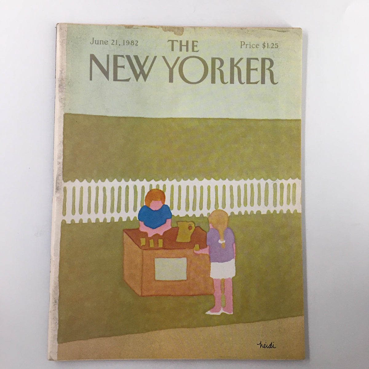 The New Yorker Magazine June 21, 1982, cover featuring an illustration titled 'Lemonade' by Heidi Goennel, depicting two children at a lemonade stand with a white picket fence in the background.