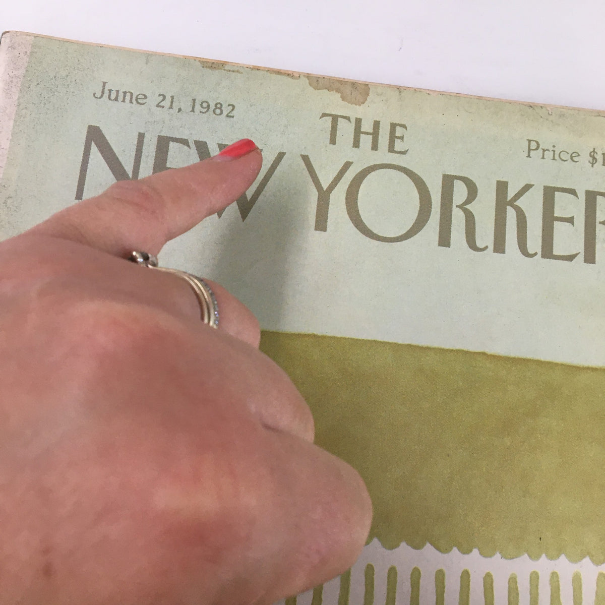 The New Yorker Magazine June 21 1982 with a close-up of the cover showing the date and title, featuring a hand pointing to the date.