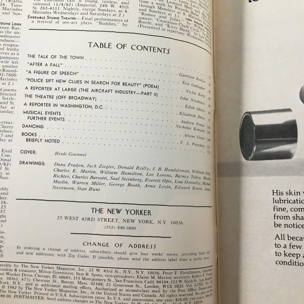 The New Yorker Magazine June 21 1982 showing the Table of Contents page, highlighting articles and the cover artist Heidi Goennel.