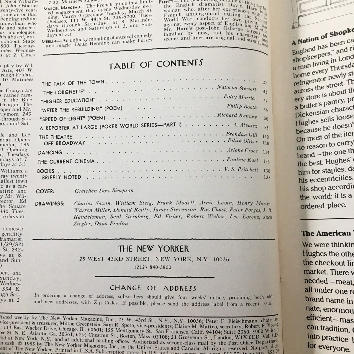 Table of contents from The New Yorker Magazine, March 7, 1983, highlighting articles and features alongside the cover artwork by Gretchen Dow Simpson.