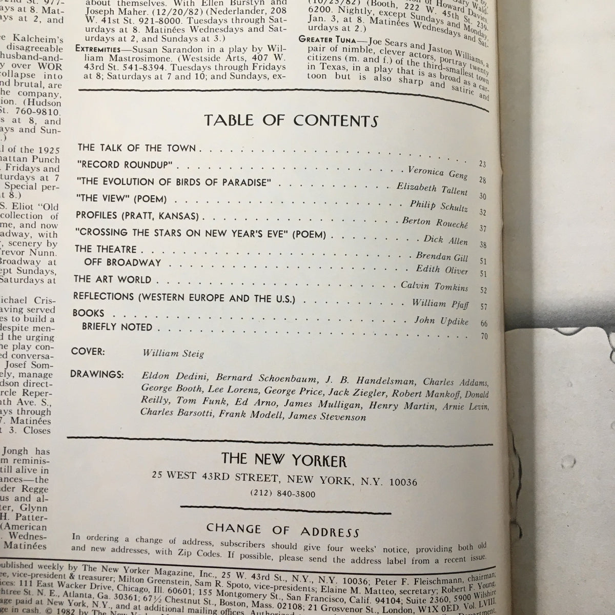 Table of contents page from The New Yorker Magazine January 3 1983, including notable articles and illustrations, listing the cover artist as William Steig.