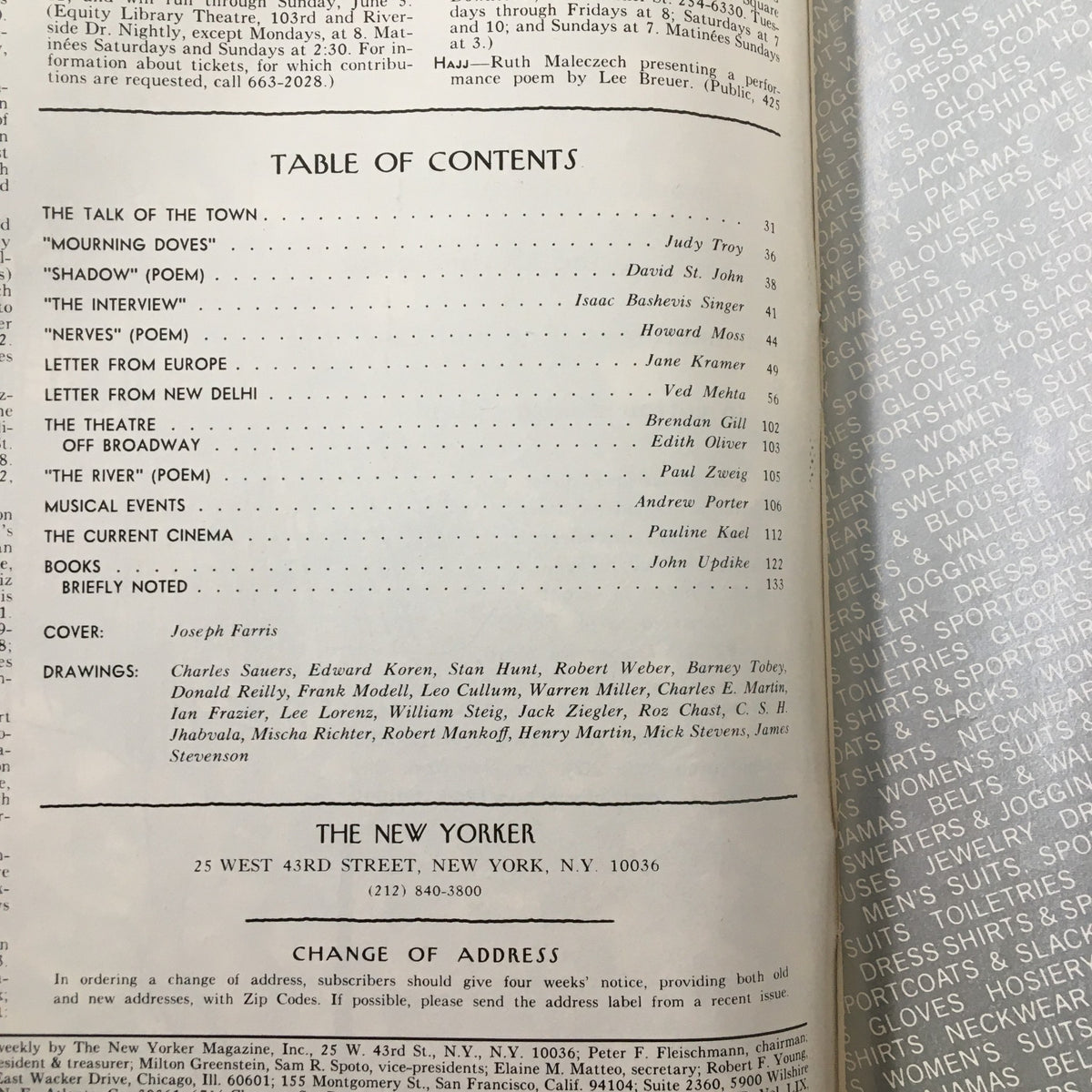 Table of contents from The New Yorker Magazine May 16 1983 featuring literary works and contributions by notable authors, accompanied by the cover illustration "Flower Vines" by Joseph Farris.