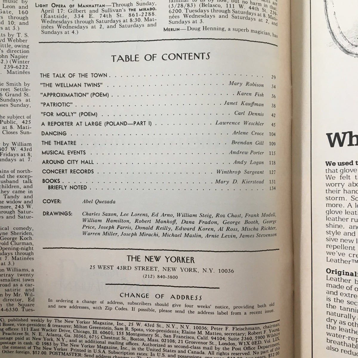 Table of contents from The New Yorker Magazine April 11, 1983, detailing featured articles, poems, and the cover by Abel Quezada.