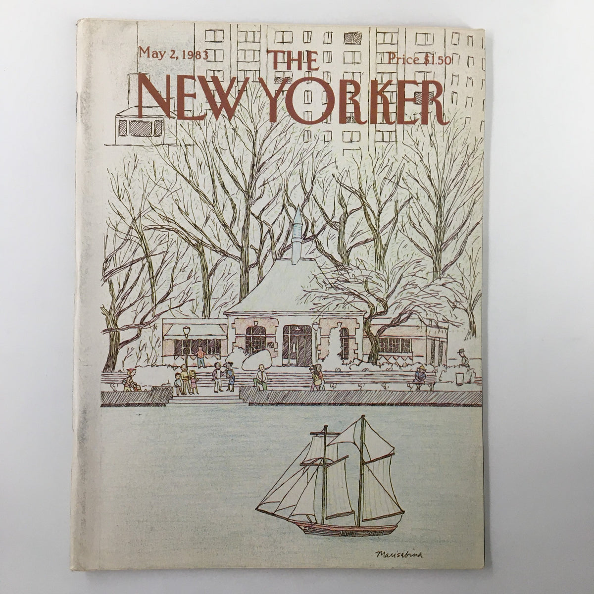 The New Yorker Magazine May 2 1983 featuring an illustration of a sailing boat toy designed by Marisabina Russo, showcasing a scenic park view with trees and people.