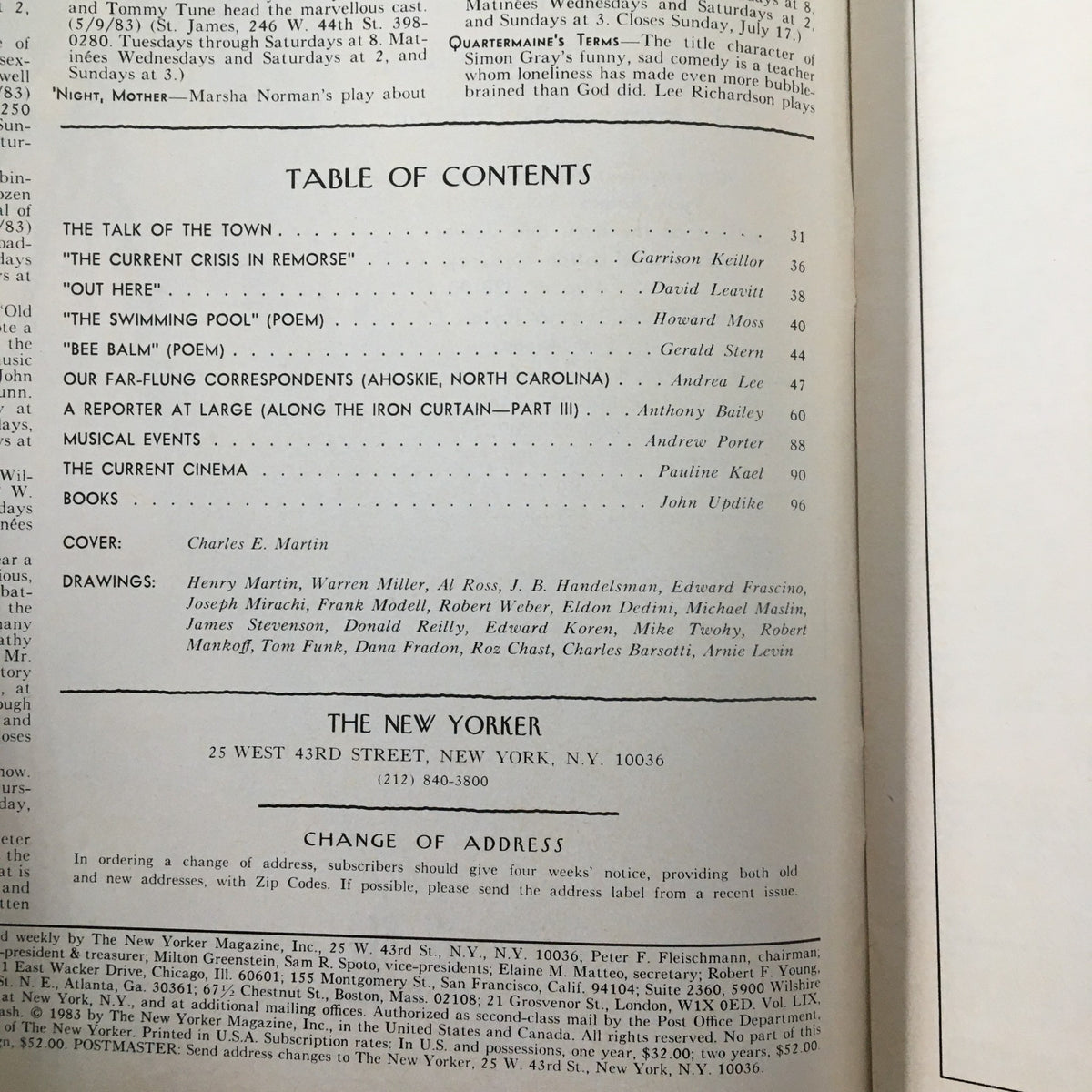 The New Yorker Magazine, July 11, 1983, showing the table of contents with featured articles and contributions, highlighting the cover art by Charles E. Martin.