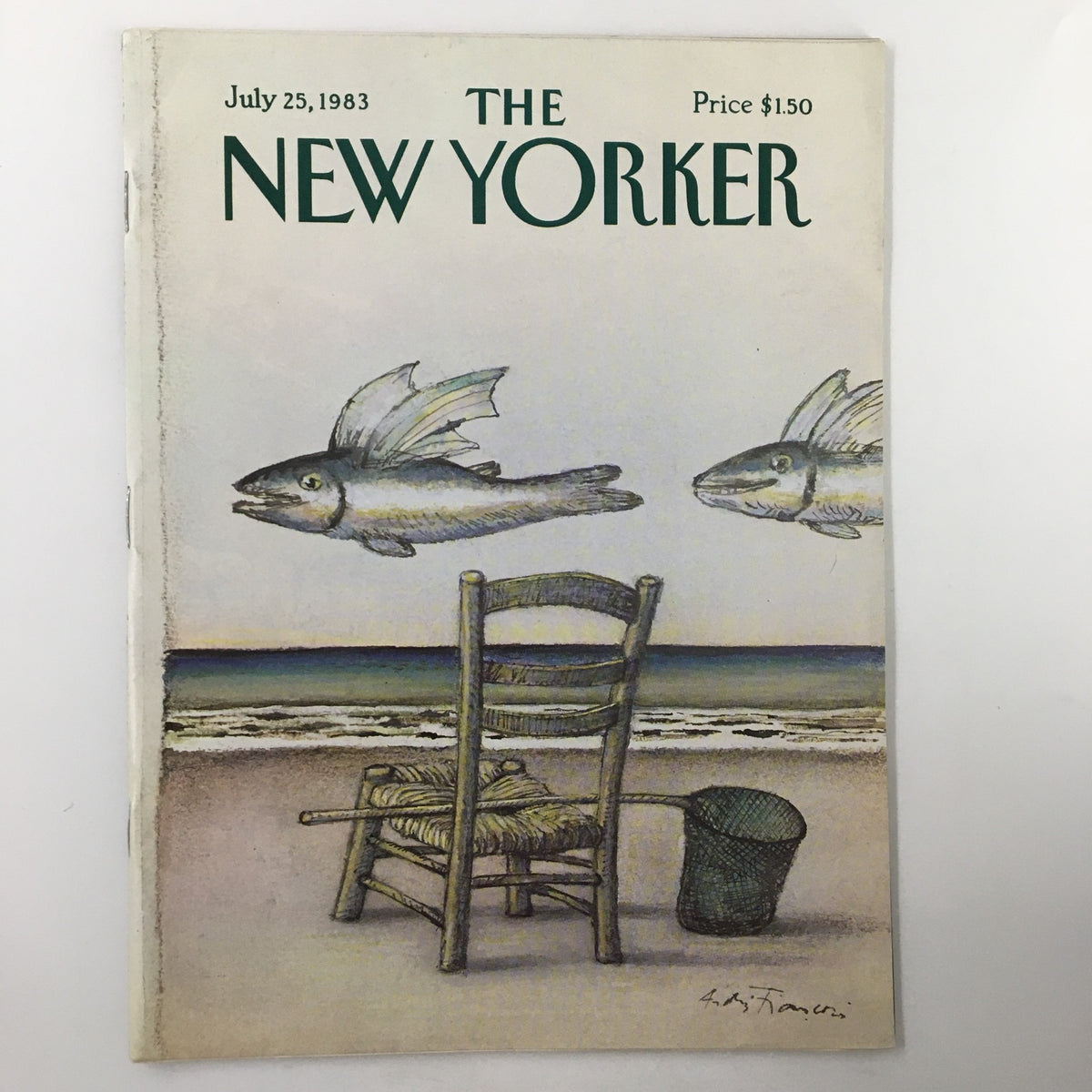 Cover of The New Yorker Magazine, July 25, 1983, featuring a whimsical illustration titled "Fishing" by Andrei Francois, depicting a chair on the beach with flying fish above, evoking a sense of summer leisure.