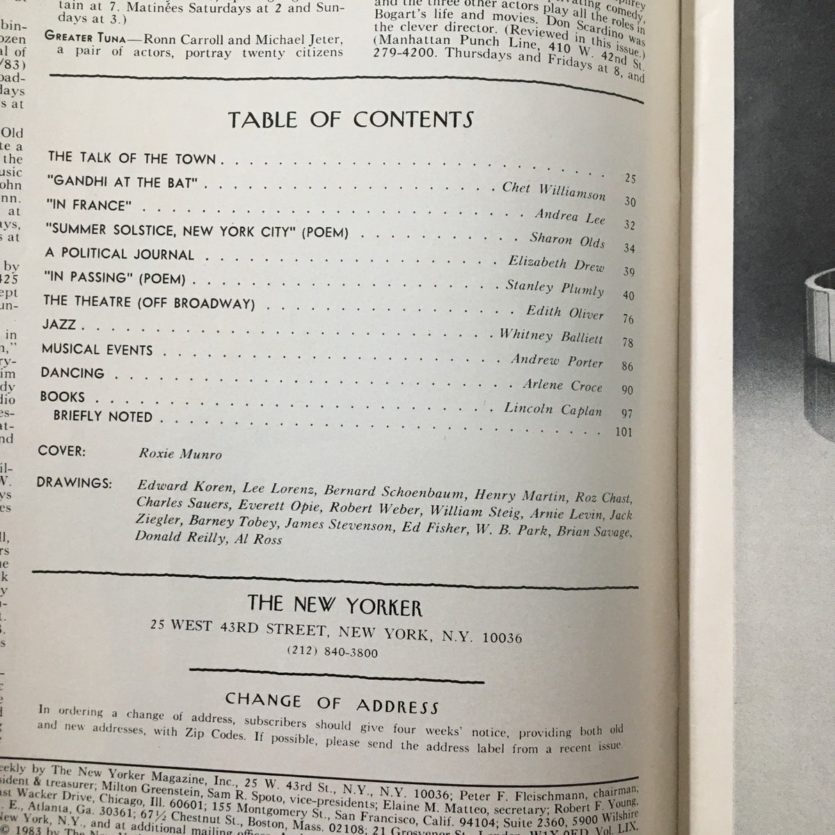 Table of contents from The New Yorker Magazine June 20, 1983, displaying article titles and the cover artist Roxie Munro, providing insight into the magazine's diverse content.