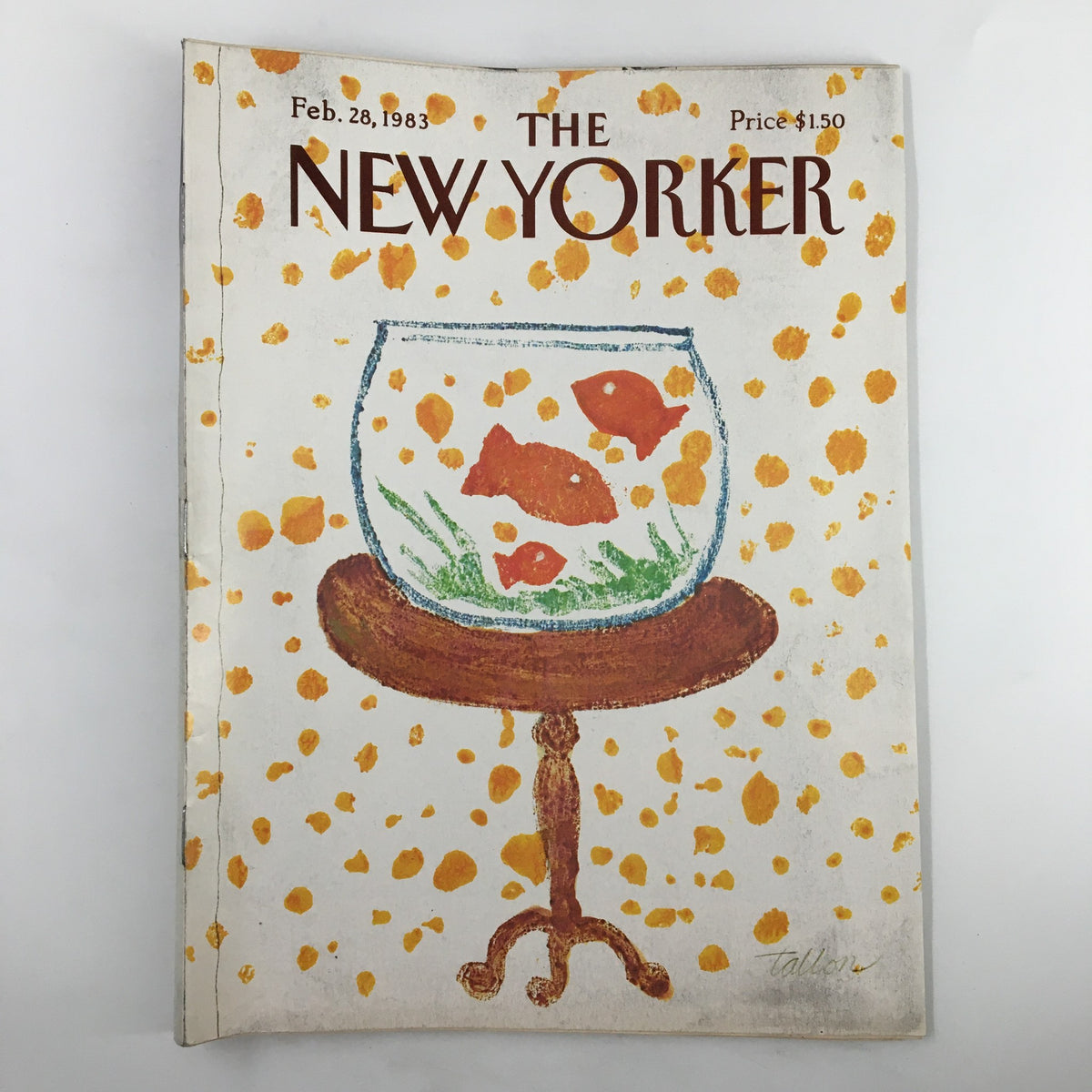 The New Yorker Magazine February 28, 1983 featuring the colorful 'Fish Bowl' artwork by Robert Tallon, showcasing goldfish in a bowl on a wooden table.