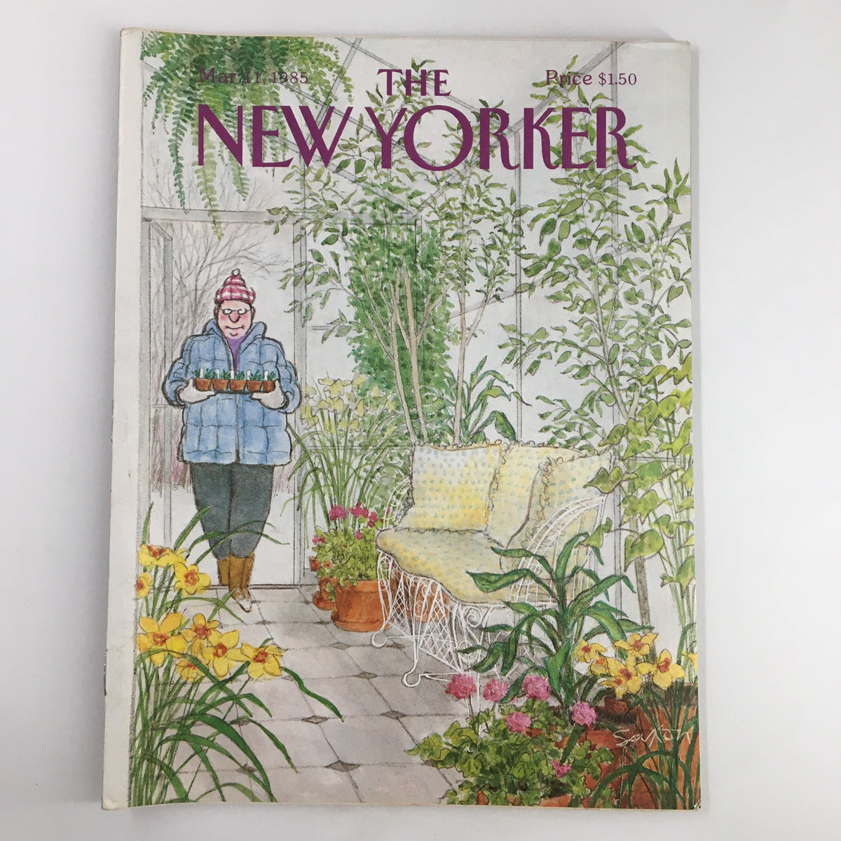 Front cover of The New Yorker Magazine dated March 11, 1985 featuring the artwork 'Man's Green House' by Charles Saxon, showcasing a woman in a cozy setting surrounded by plants and flowers.