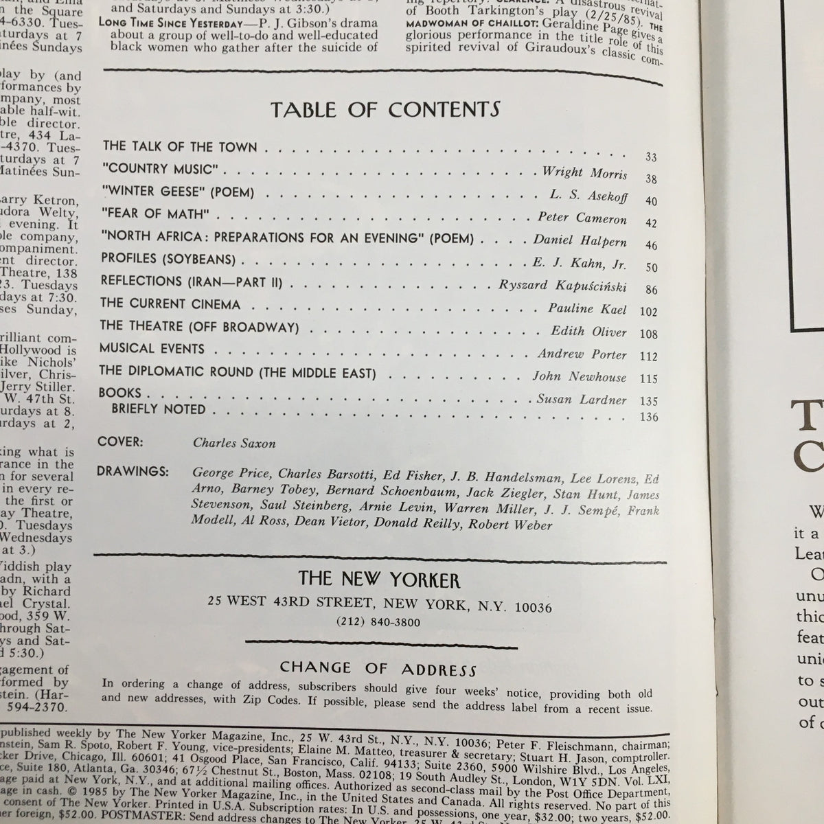 Table of contents from The New Yorker Magazine March 11, 1985, listing articles and features, with a cover illustration by Charles Saxon.