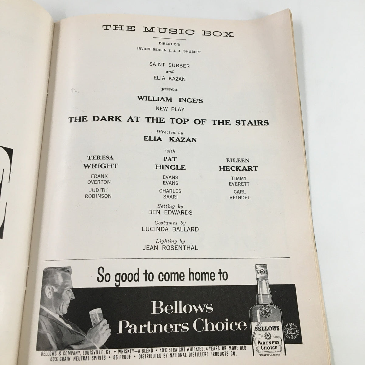 Interior page of the 1958 Playbill for The Music Box, listing the cast and crew of William Inge's The Dark at the Top of the Stairs.