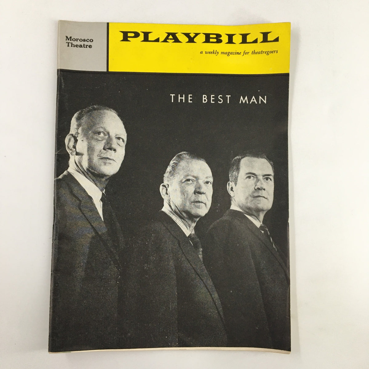 1960 Playbill Morosco Theatre cover featuring the title 'The Best Man' and images of three actors, showcasing a piece of Broadway history.
