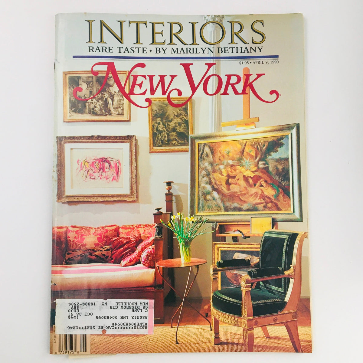 Cover of New York Magazine April 9, 1990 featuring interiors, with the title 'Interiors: Rare Taste by Marilyn Bethany'. The magazine displays a stylish living room setting with artwork on the walls, a vase of flowers, and elegant furniture, representing the design trends of the late 80s and early 90s.