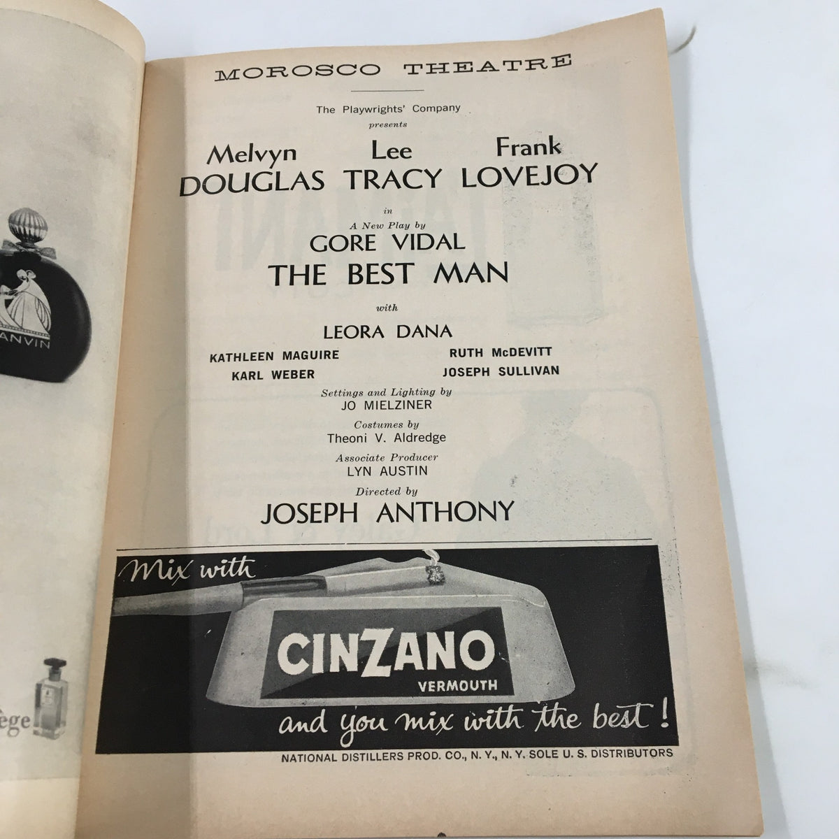 Inside page of the 1960 Playbill Morosco Theatre for Gore Vidal's 'The Best Man', listing the cast and production details, highlighting theatre craftsmanship.