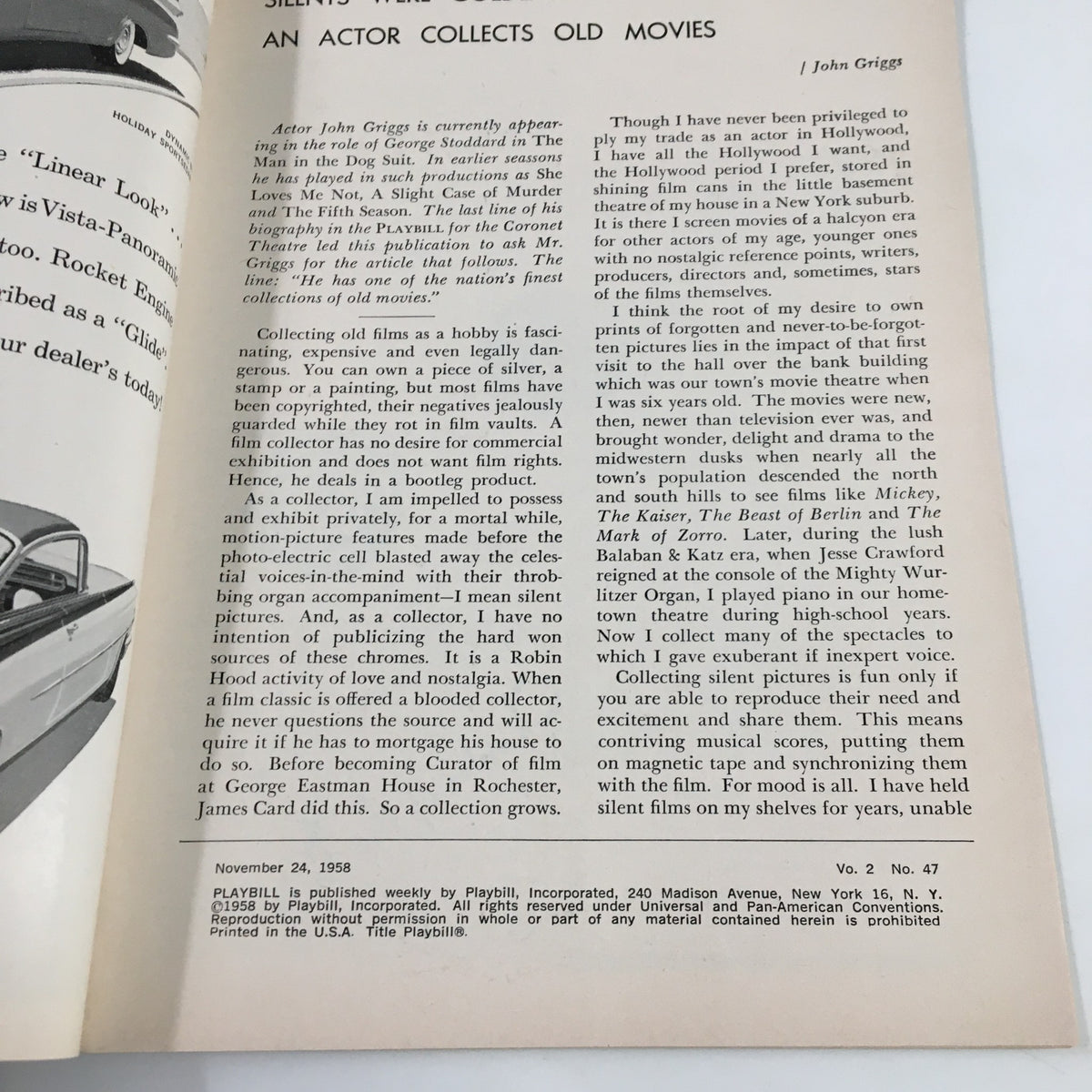 Inside page of a 1958 Playbill from Winter Garden, featuring an article on actor John Griggs and his interest in old movies, highlighting the vintage publication's content.
