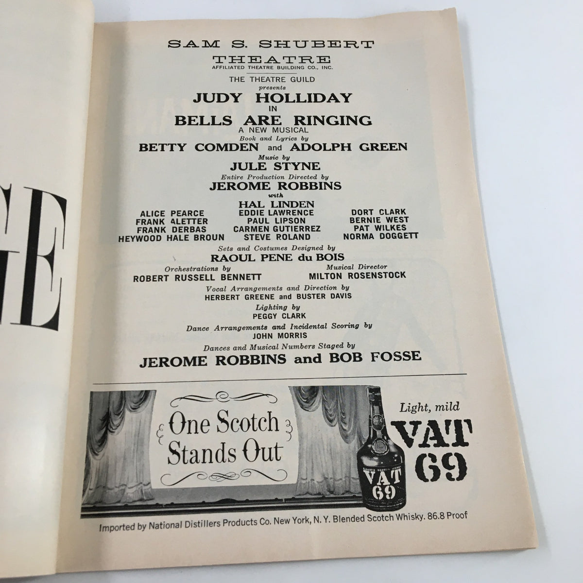 Inside of the 1959 Playbill for 'Bells Are Ringing' starring Judy Holliday at Sam S. Shubert Theatre, showcasing the cast and crew details along with production notes.