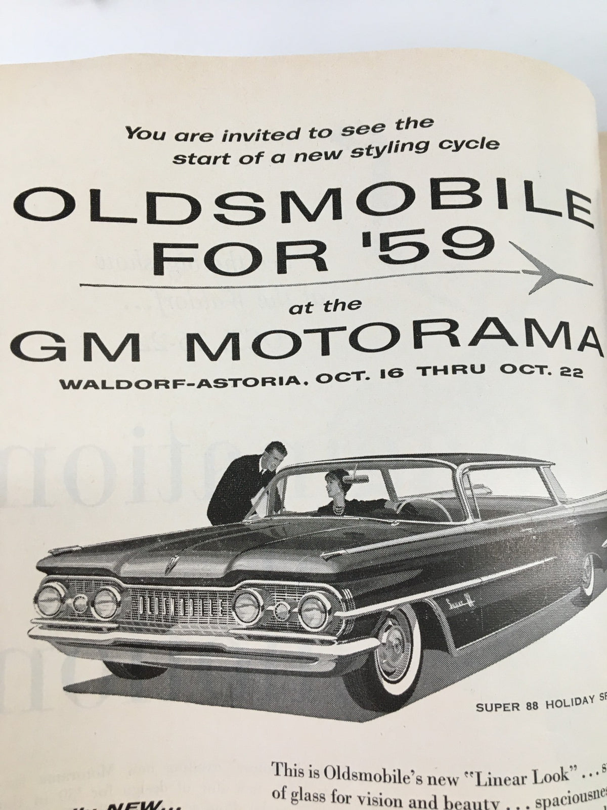 Vintage advertisement featuring the 1959 Oldsmobile for '59 at the GM Motorama event held at Waldorf-Astoria, showcasing the new styling cycle with a couple admiring the car.