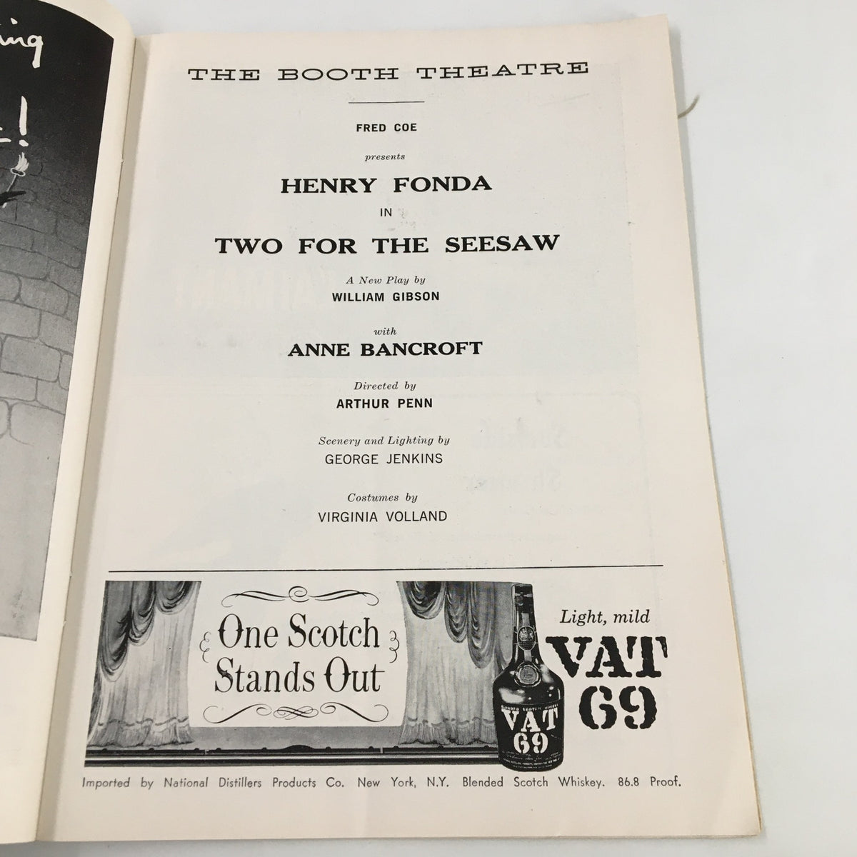 Title page of the 1958 Playbill for 'Two For The Seesaw' starring Henry Fonda, directed by Arthur Penn, at The Booth Theatre.