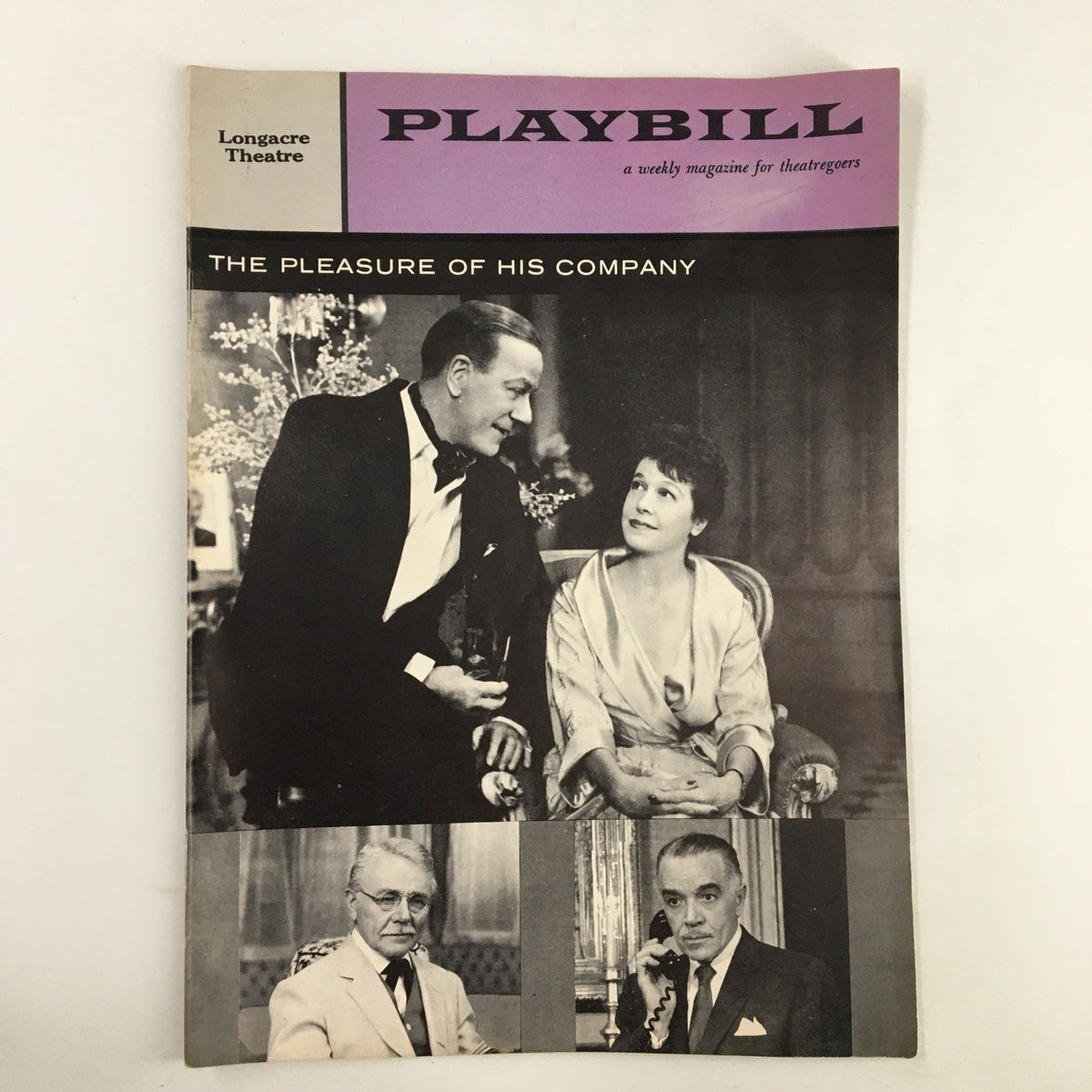 1958 Playbill for The Pleasure of His Company featuring Charlie Ruggles from Longacre Theatre, showcasing a vintage magazine cover with black and white images of the cast.