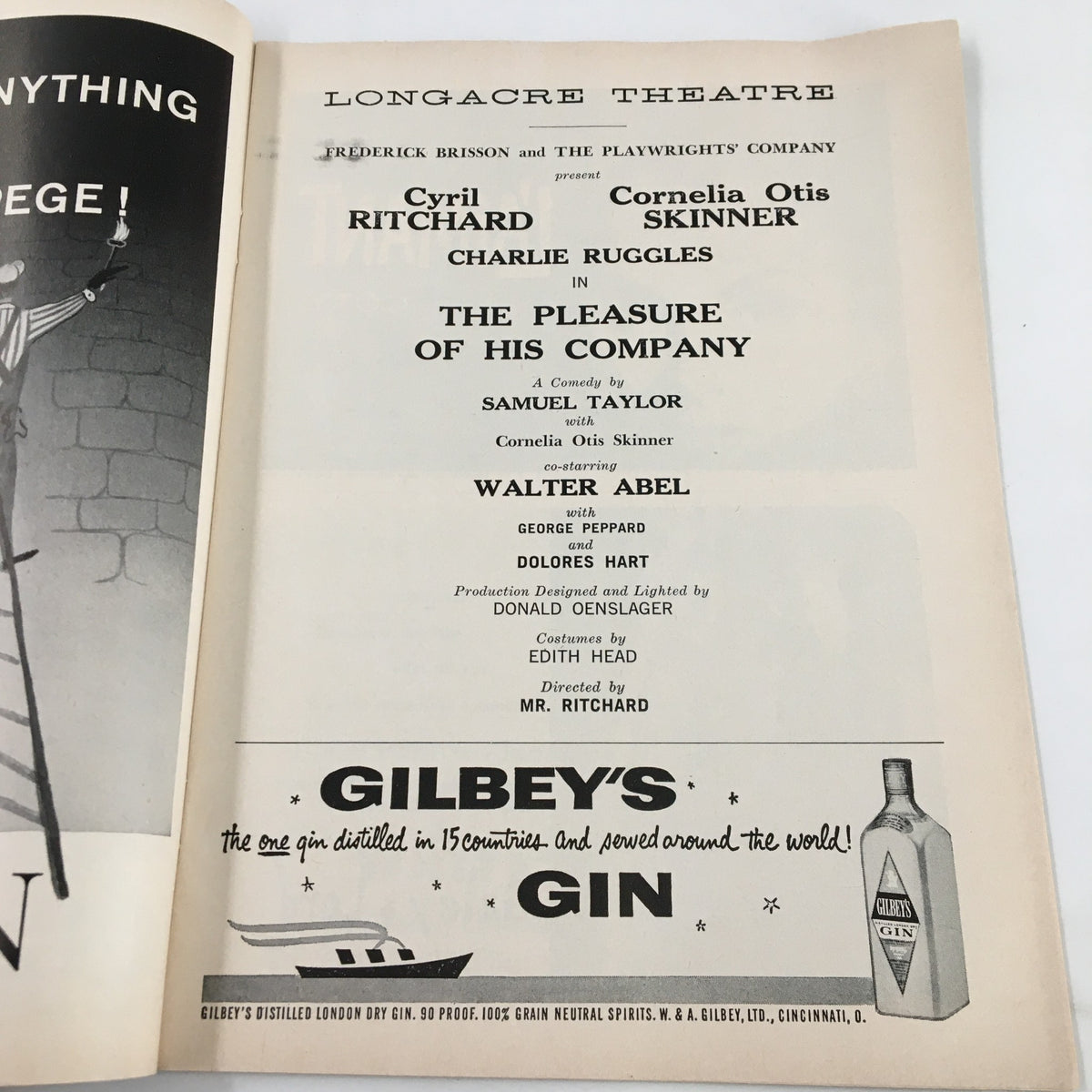 1958 Playbill for The Pleasure of His Company featuring Charlie Ruggles at Longacre Theatre, showcasing the production details and cast, including Cornelia Otis Skinner and George Peppard.