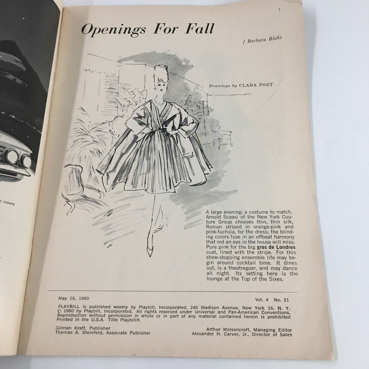 Interior page of the 1960 Playbill for Toys In The Attic featuring an illustration and details about upcoming productions.