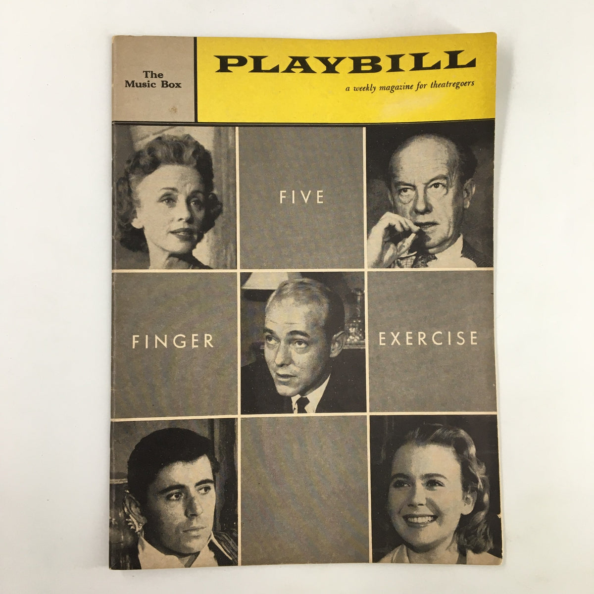 1960 Playbill The Music Box featuring Jessica Tandy in the production Five Finger Exercise by Peter Shaffer, showcasing a grid of iconic actors on the cover.