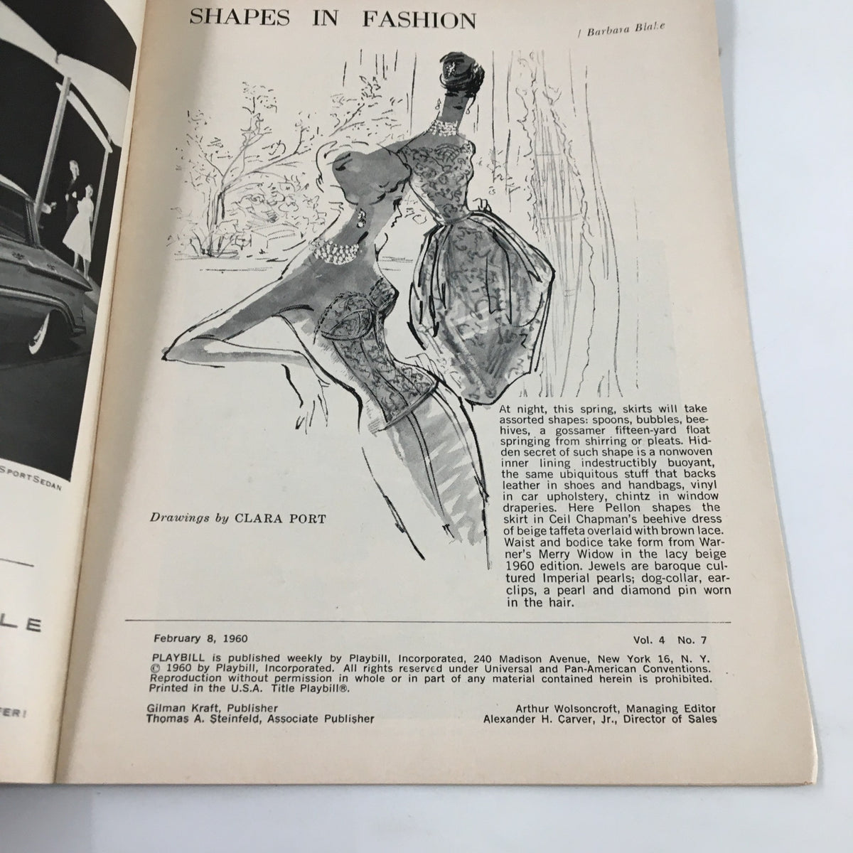 Inside page of the 1960 Playbill The Music Box, featuring an illustration titled 'Shapes in Fashion' by Barbara Blair with a description of fashion trends.