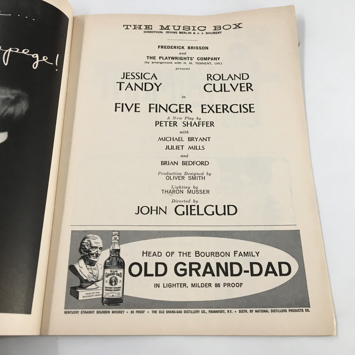 Another inside page of the 1960 Playbill The Music Box, presenting details of the cast including Jessica Tandy and Roland Culver for Five Finger Exercise.