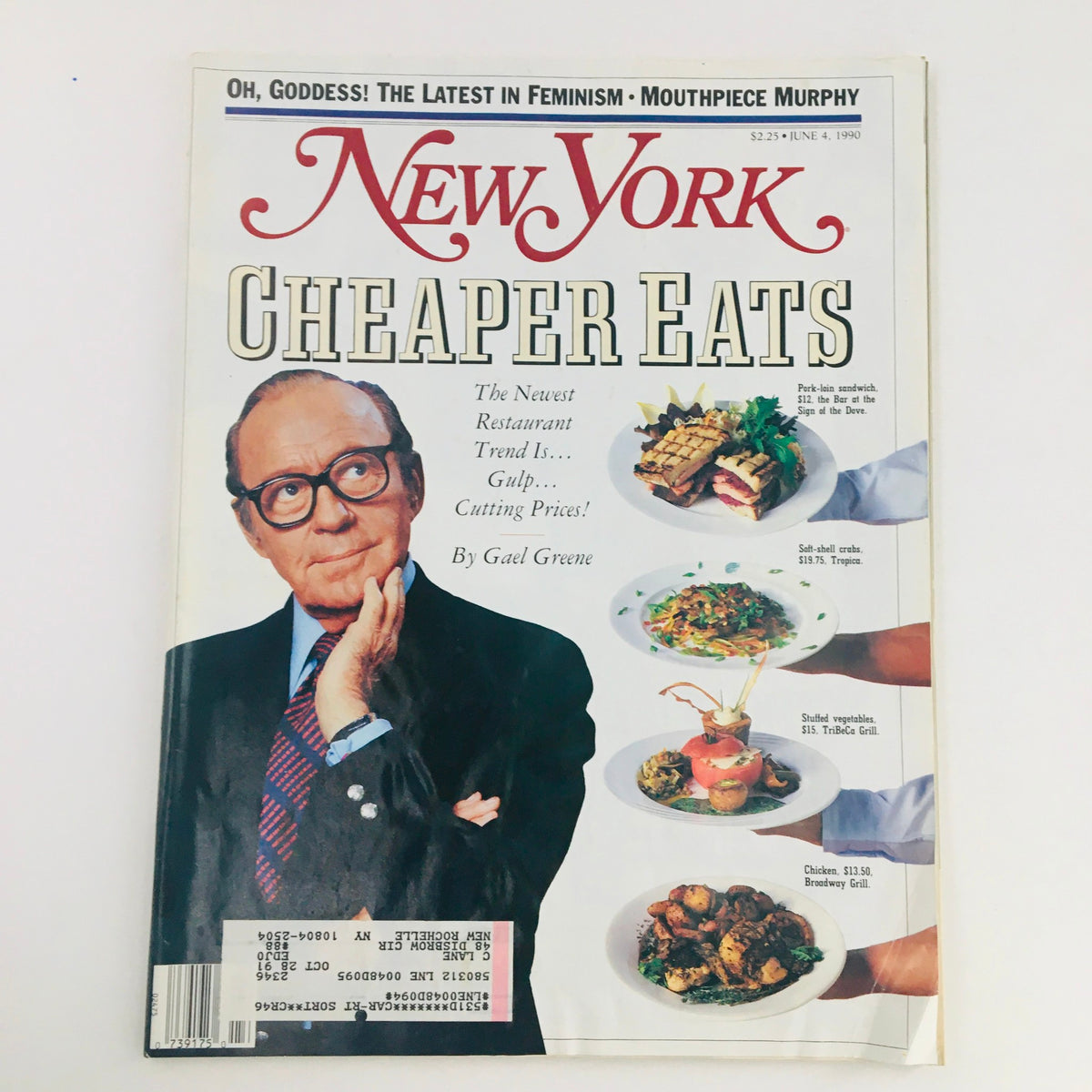 Cover of New York Magazine from June 4, 1990 featuring the title 'Cheaper Eats' with an article by Gael Greene. The cover showcases a thoughtful man in glasses and images of featured dishes alongside the text discussing affordable dining trends in New York City.