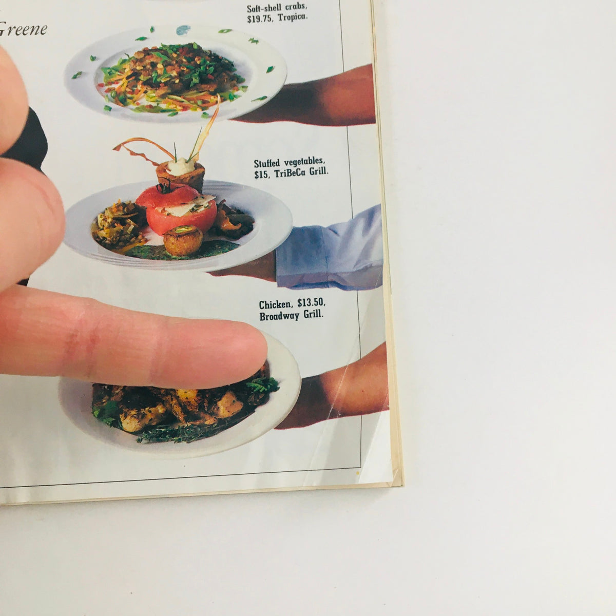 Close-up of a page from New York Magazine June 4 1990 featuring a selection of affordable dining options including chicken and stuffed vegetables. Highlights the culinary offerings from restaurants like TriBeCa Grill and Broadway Grill.