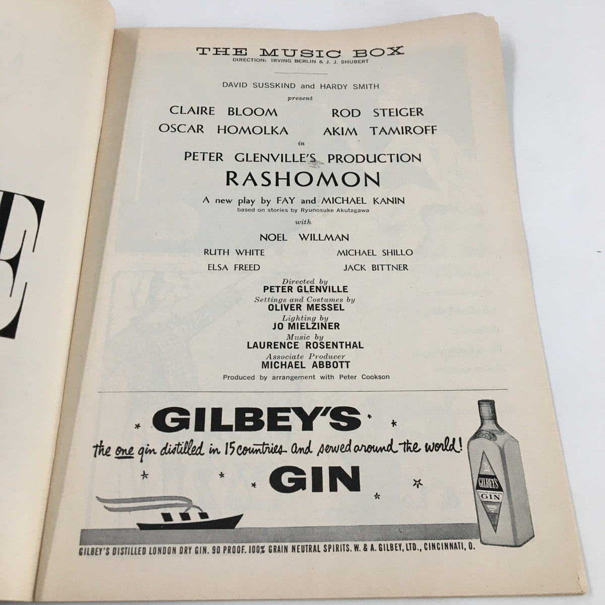 1959 Playbill The Music Box including cast details for 'Rashomon' by Fay and Michael Kanin, featuring Claire Bloom, Rod Steiger, and other notable actors.