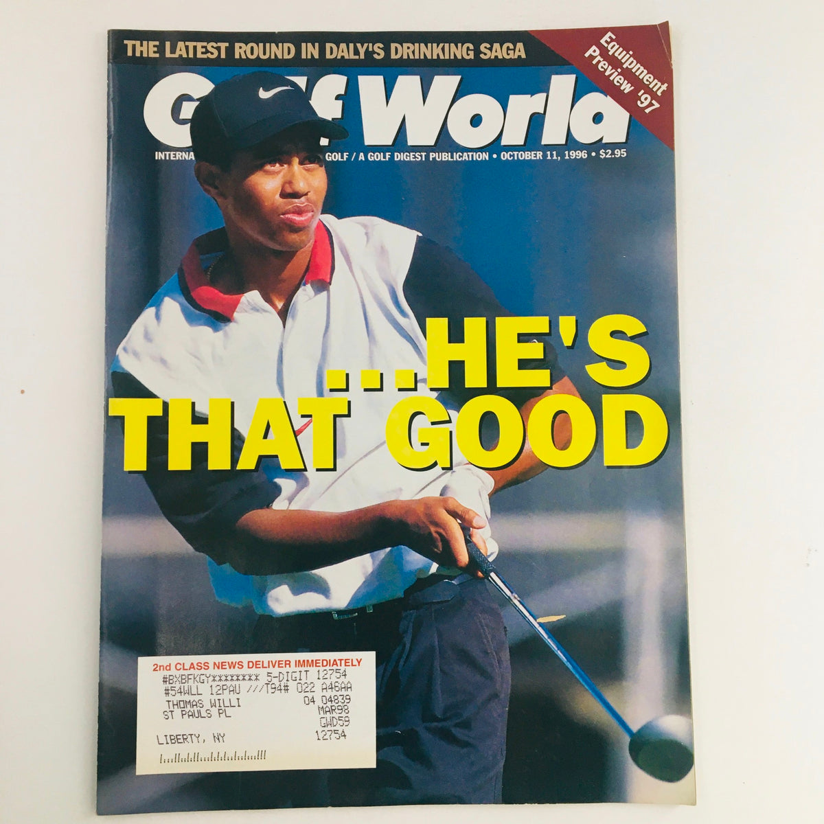Cover of Golf World Magazine from October 11, 1996, featuring the title 'American Golfer Tiger Woods: He's That Good', showcasing a young Tiger Woods in a golfing pose, representing a pivotal moment in golf history.