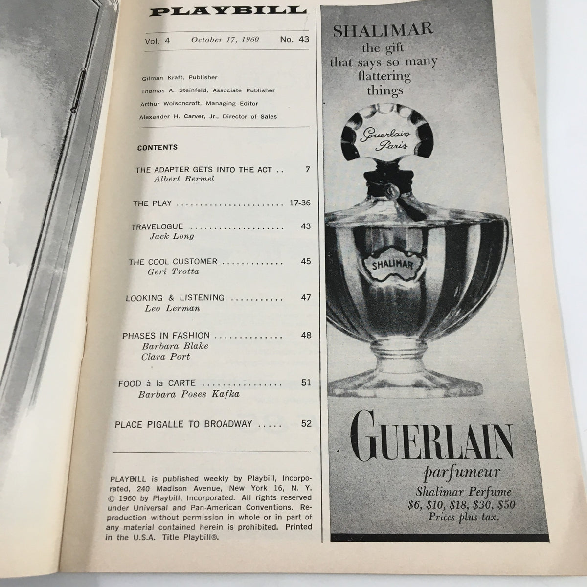 Inside page of the 1960 Playbill for 'A Taste of Honey' with Table of Contents and Guerlain perfume advertisement.