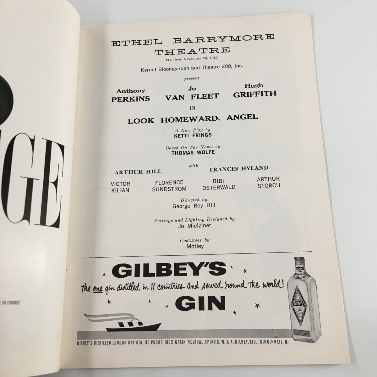 Cast list from the 1957 Playbill for 'Look Homeward, Angel' at the Ethel Barrymore Theatre, featuring Anthony Perkins.