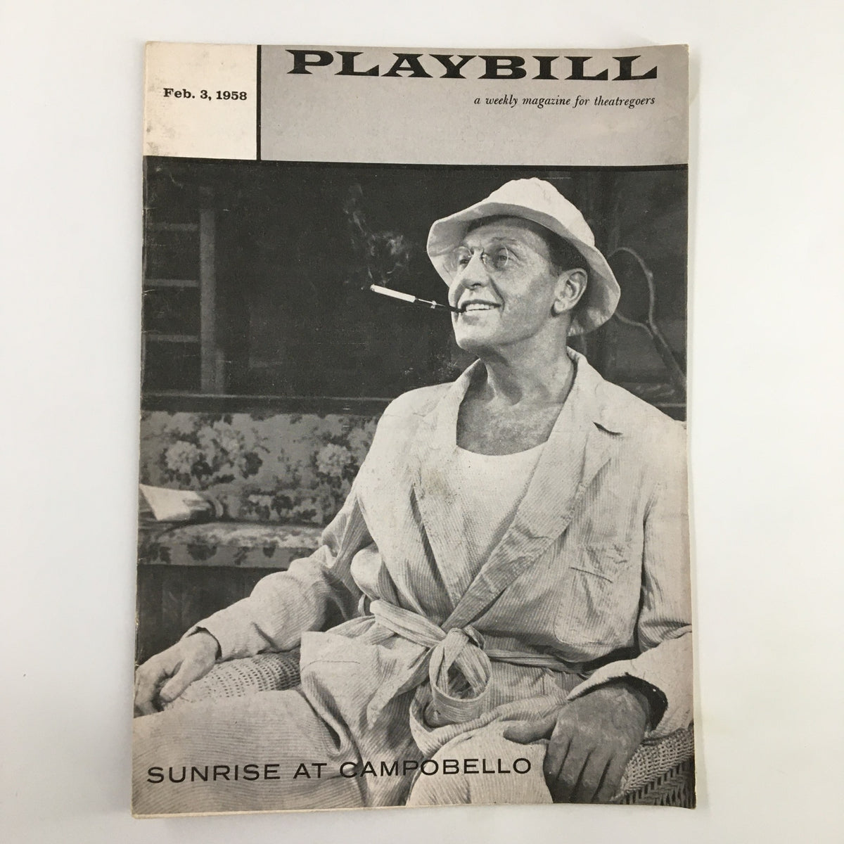 1958 Playbill from Corth Theatre featuring Ralph Bellamy in the play Sunrise at Campobello, showcasing vintage theatre memorabilia from 1958.