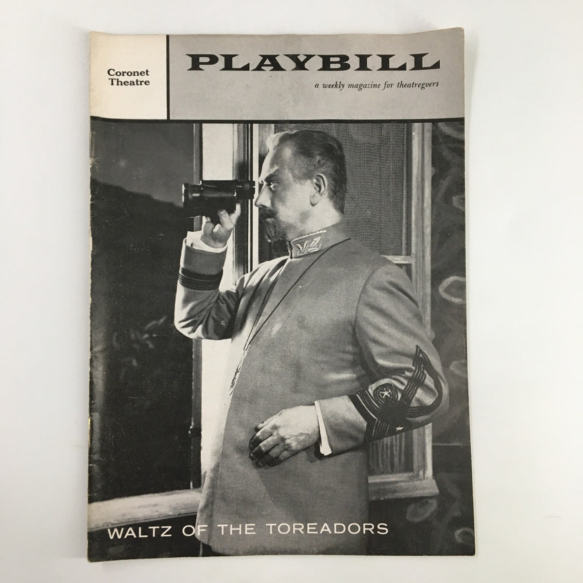 1958 Playbill Coronet Theatre featuring Melvyn Douglas in The Waltz of The Toreadors, showcasing a vintage black and white cover with a gentleman in a dramatic pose.